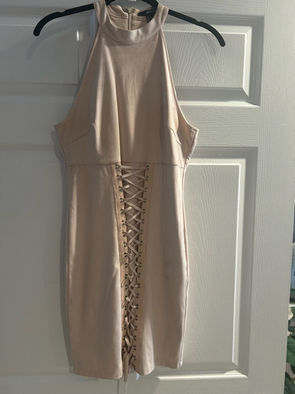 Sleeveless Lace-Up Front Bodycon Dress in Cream